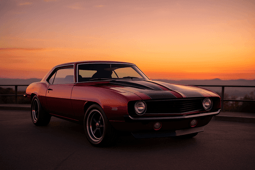Chevrolet Camaro na tle zachodzącego słońca, symbol amerykańskiej motoryzacji.