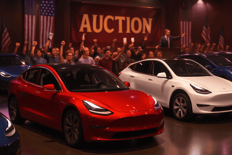 Aukcja samochodów Tesla w USA z różnymi modelami i entuzjastycznymi licytującymi.