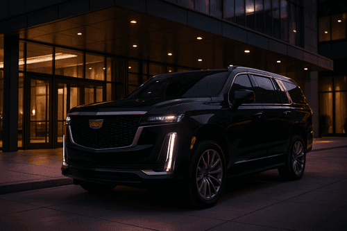 Czarny Cadillac Escalade z USA zaparkowany przed nowoczesnym hotelem o zmierzchu.