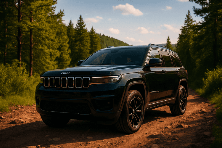 Jeep Grand Cherokee na leśnej drodze, podkreślający jego terenowe możliwości.