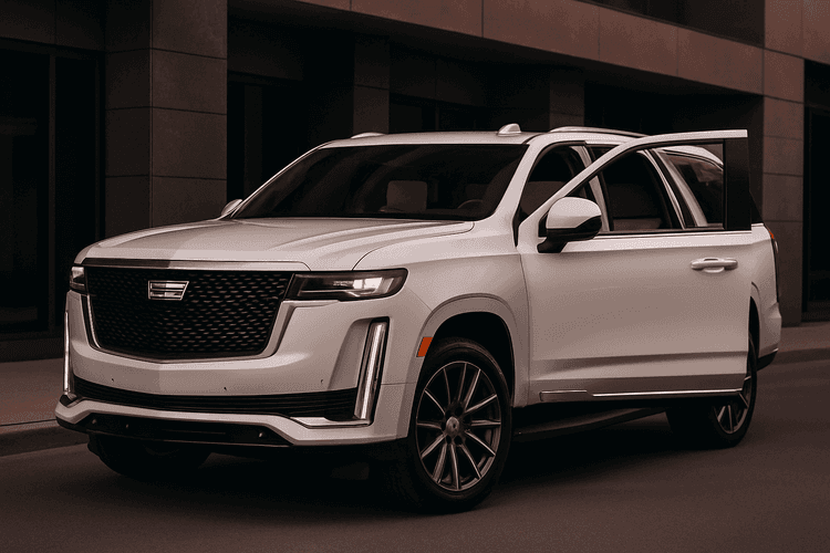Luksusowy Cadillac Escalade zaparkowany przed nowoczesnym budynkiem, widoczny ogromny zakrzywiony ekran OLED we wnętrzu.
