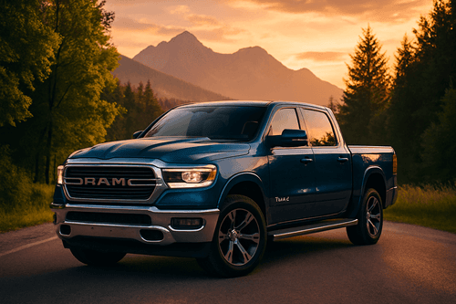 RAM 1500 na malowniczej drodze w Polsce, otoczony zielenią.