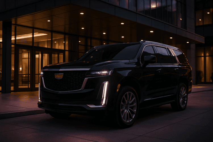 Czarny Cadillac Escalade z USA zaparkowany przed nowoczesnym hotelem o zmierzchu.