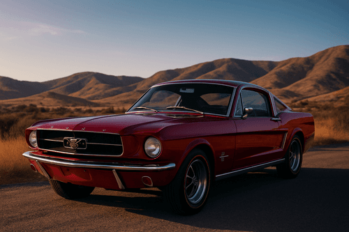 Ford Mustang w amerykańskim krajobrazie, symbol motoryzacji.