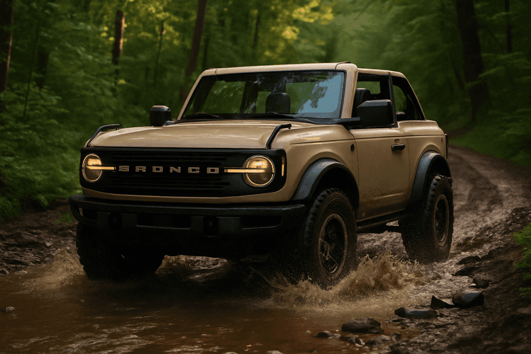 Ford Bronco pokonujący leśny szlak terenowy z odłączonym dachem.