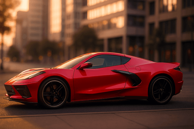 Czerwone Chevrolet Corvette C8 zaparkowane na tle miejskiej scenerii, widok z boku na sportową sylwetkę.