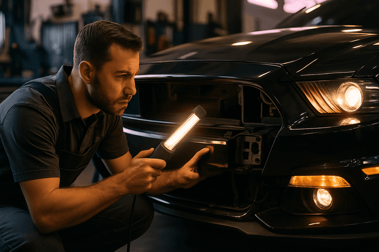 Mechanik oglada naprawiane auto powypadkowe z USA w warsztacie podczas inspekcji.