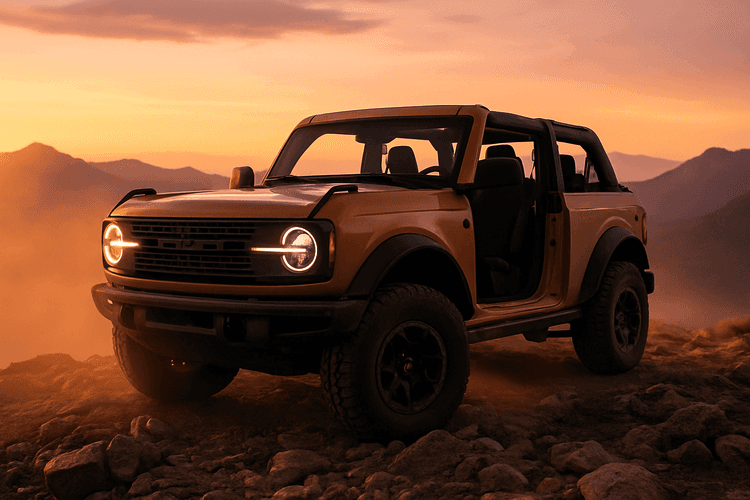 Ford Bronco z USA na górskim punkcie widokowym o zachodzie słońca, ze zdjętym dachem i drzwiami.