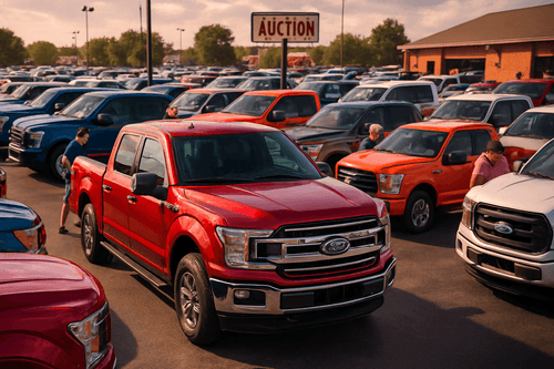 Ford F-150 na aukcji samochodowej w USA, różne modele i kolory.