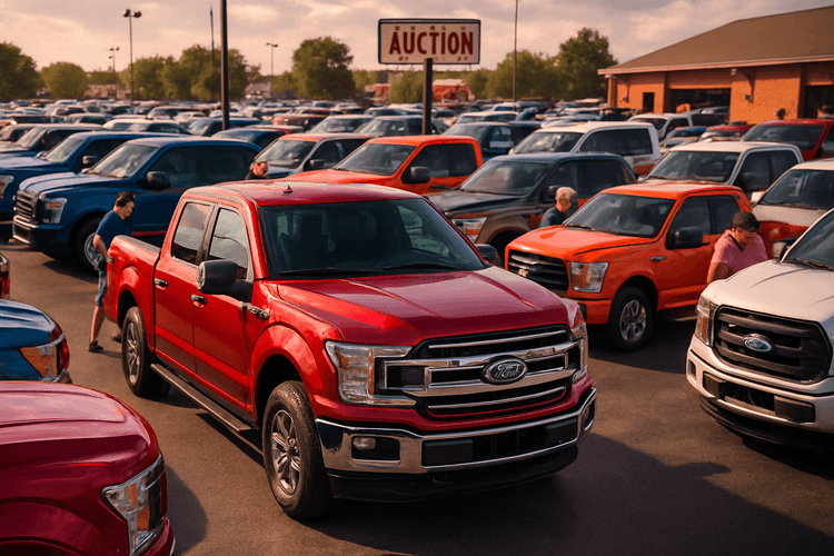 Ford F-150 na aukcji samochodowej w USA, różne modele i kolory.
