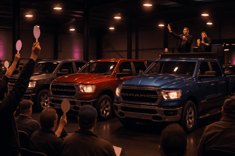 Aukcja samochodowa z RAM 1500 w USA, z aktywnymi licytacjami.