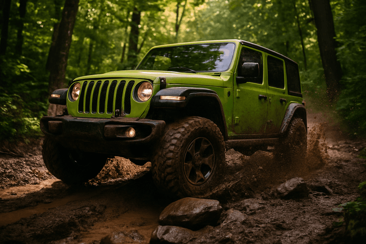 Jeep Wrangler Rubicon pokonujący błotnisty szlak terenowy w lesie.