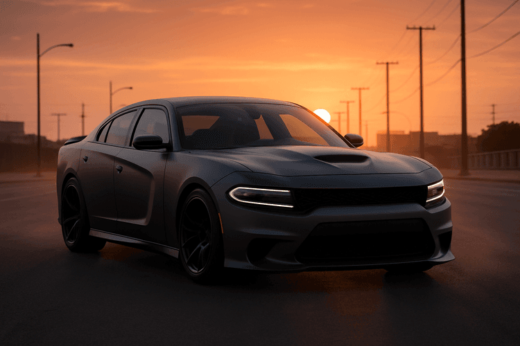 Dodge Charger jako czterodrzwiowy muscle car zaparkowany na miejskiej drodze o zachodzie słońca.