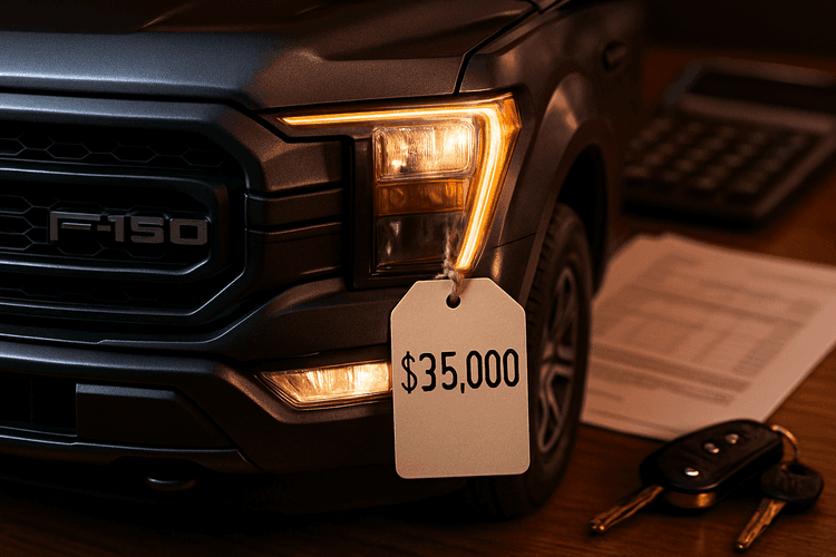 Cenowy tag Forda F-150 oraz dokumenty finansowe na biurku.