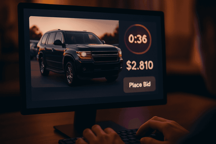 Zbliżenie na ekran z aukcją Copart i licznikiem licytacji podczas składania oferty na auto z USA.