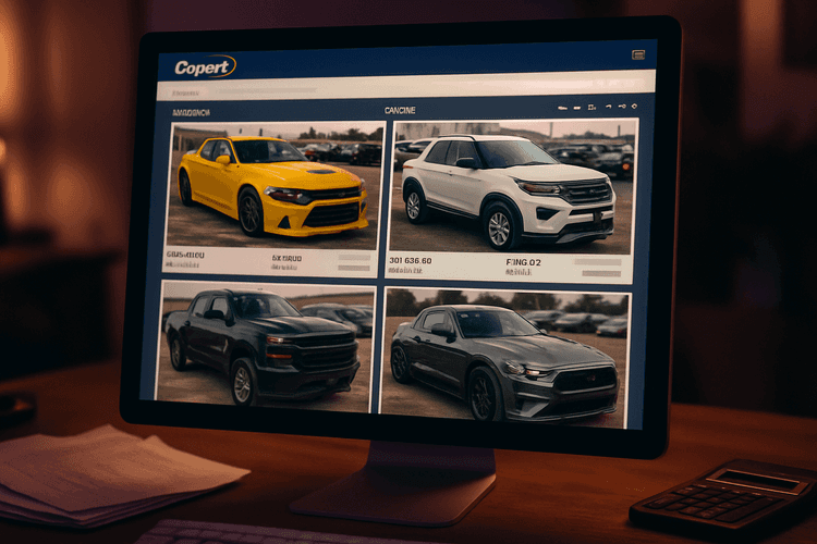 Widok na stronę internetową Copart z amerykańskimi samochodami na aukcji