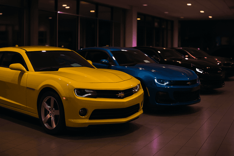 Różne wersje Chevroleta Camaro w salonie samochodowym.