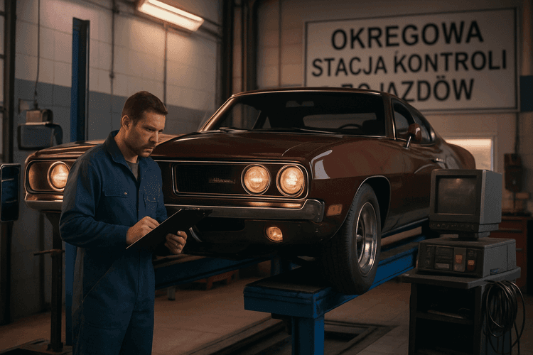 Badanie techniczne amerykańskiego auta w stacji kontroli pojazdów.