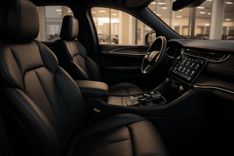 Wnętrze Jeepa Grand Cherokee z USA, ukazujące luksusowe wykończenie i komfort.