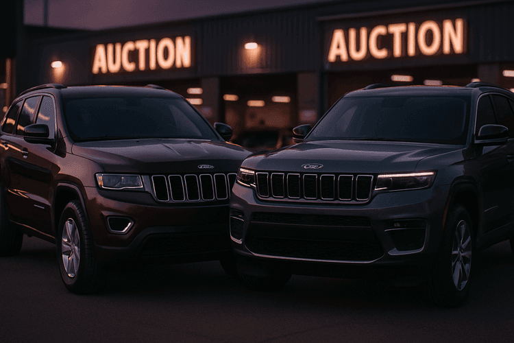 Porównanie generacji Jeepa Grand Cherokee WK2 i WL na aukcji samochodowej.