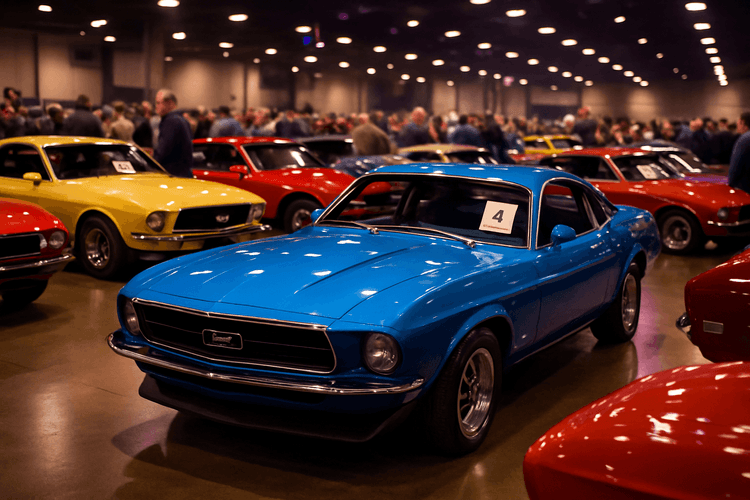 Wiele Fordów Mustang na amerykańskiej aukcji samochodowej.