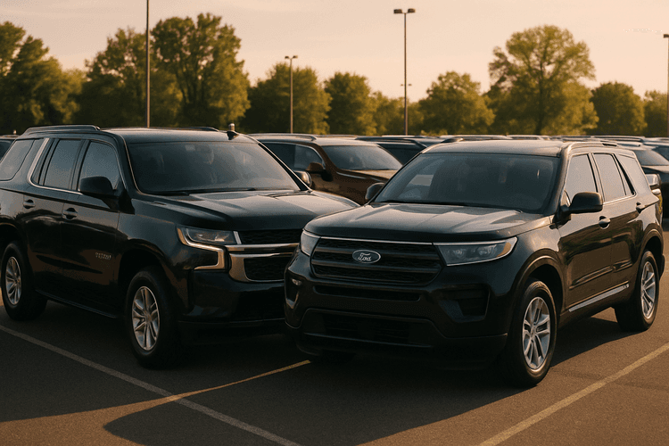 Parking z popularnymi amerykańskimi SUV-ami, dobry wybór modeli do naprawy.