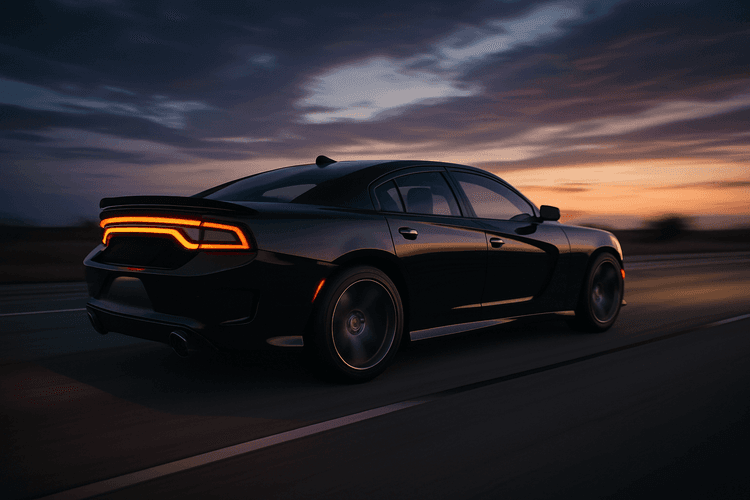 Dodge Charger jako czterodrzwiowy muscle car na drodze o zachodzie słońca.