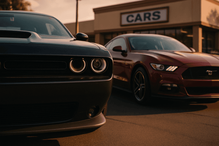 Dodge Challenger i Ford Mustang na tle salonu samochodowego.