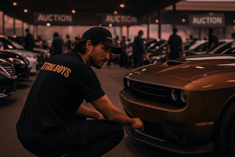 Zespół Petrolboys podczas inspekcji Dodge Challengera na aukcji.