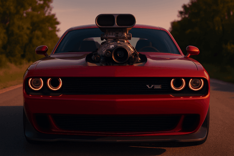 Czerwony Dodge Challenger z silnikiem V8 na malowniczej drodze.