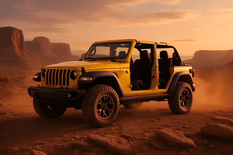 Żółty Jeep Wrangler Rubicon bez drzwi i dachu na skalistym pustynnym punkcie widokowym o zachodzie słońca.