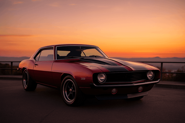 Chevrolet Camaro na tle zachodzącego słońca, symbol amerykańskiej motoryzacji.