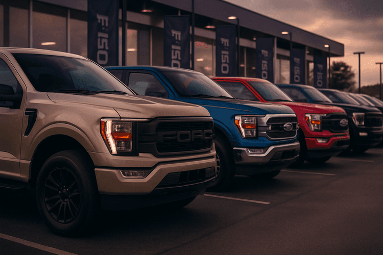 Wiele Fordów F-150 na wystawie w amerykańskim salonie samochodowym.