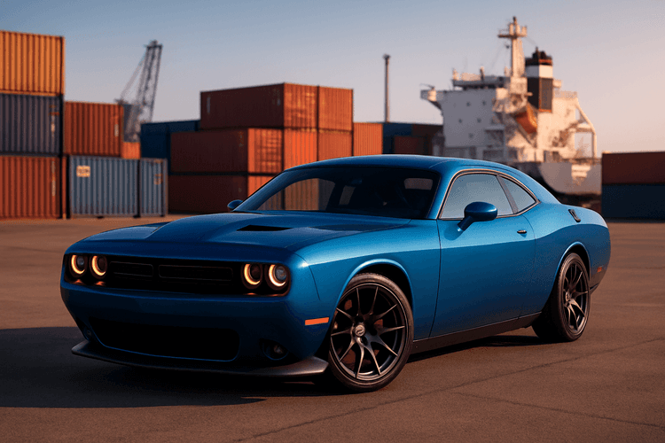 Dodge Challenger na terenie importu samochodów, w tle kontenery i statek towarowy.