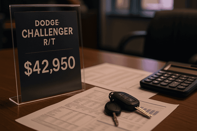 Biuro dealerskie z ceną Dodge Challengera i dokumentami finansowymi.