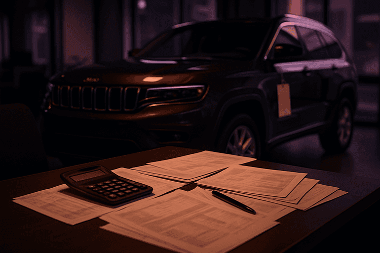 Biuro dealerskie z dokumentami i Jeepem Grand Cherokee, przedstawiające koszt importu.