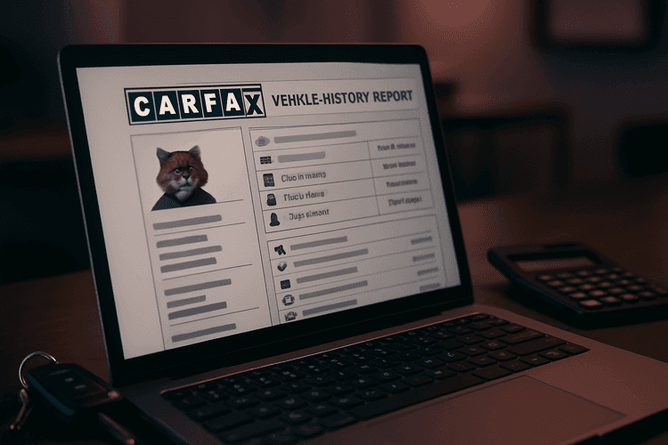 Raport Carfax na laptopie z kluczami samochodowymi i kalkulatorem.
